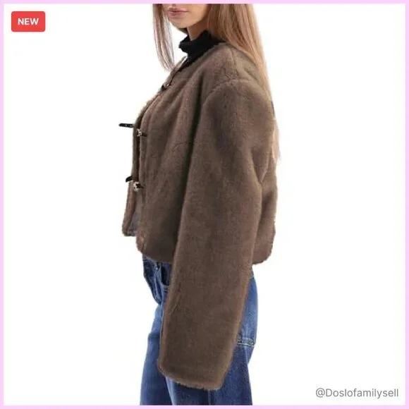 Faux Fur Cropped Coat Leather Belt Detail Winter Jacket Chic Elegant - Picture 4 of 5